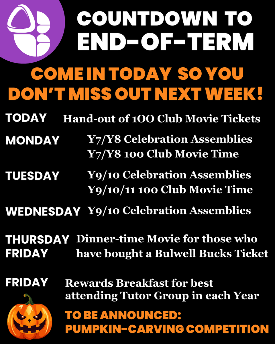 Come in for #FantasticFriday to receive your 100 Club Movie Tickets - for those students with 100% attendance in September. Come in to support your tutor group win the best attending tutor group for the term to receive a special rewards breakfast next Friday! See you soon!