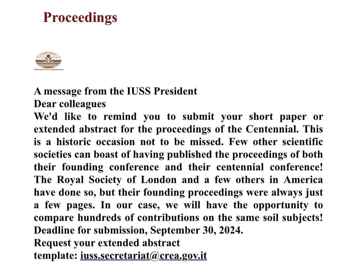 IUSS_ORG's tweet photo. ‼️📣Deadline postponed to November 30! Do not forget to submit your extended abstract and be part of the Centennial proceedings, a one-of-a-kind opportunity. #IUSS100 #extendedabstract #centrnnialcongress #soilscirnces #lookingforward https://t.co/uf3cBYBO1x