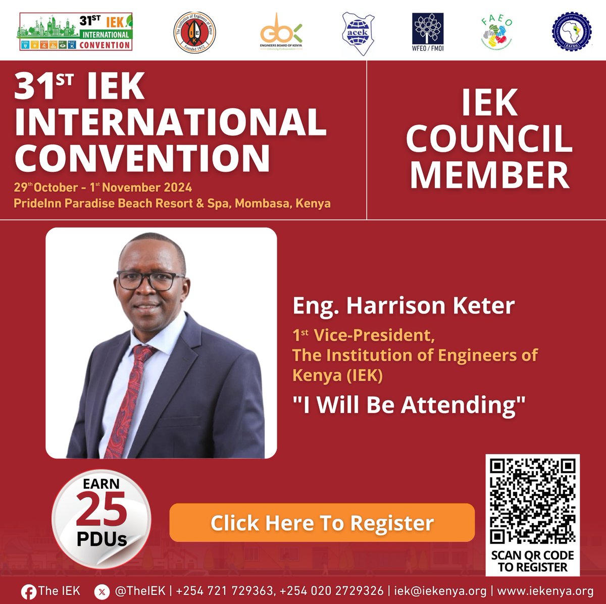 Join us for the 31st IEK International Convention, happening from 29th October to 1st November 2024 at the PrideInn Paradise Beach Resort &amp; Spa, Mombasa, Kenya.

This year's event, under the theme "Industrialization for Economic Transformation and Employment Creation," will