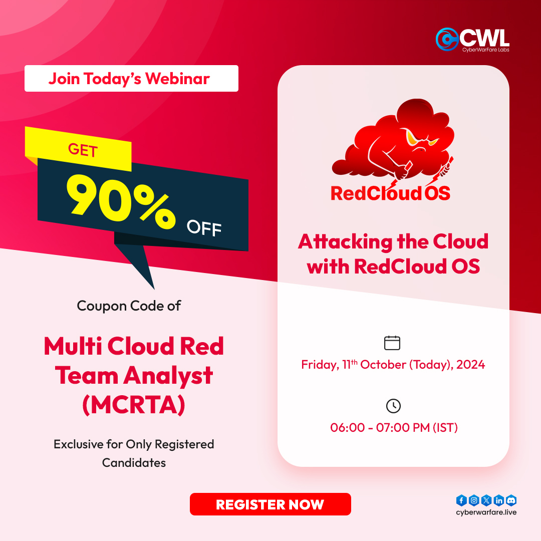 cyberwarfarelab's tweet image. 🌩️ Join Our Webinar Today! Learn cloud attack techniques with RedCloud OS and get 90% OFF the MCRTA course! 🚀
➡attendee.gotowebinar.com/register/13637…
#CloudHacking #CyberMasterClass #RedCloudOS #WebinarToday #MCRTA