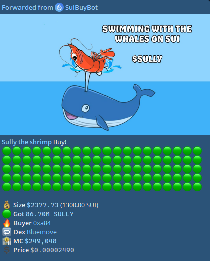 It is time for $SULLY the Shrimp to become the king of the sea finally?

Market looking bullish again. $SUI also bouncing. Time to bid your favorite memes, and this is definitely mine.

270k. Send it HIGHER 📈

$suiman $loopy $fud $nami $suishi $aaa $suijak $hippo $suidol $fwog