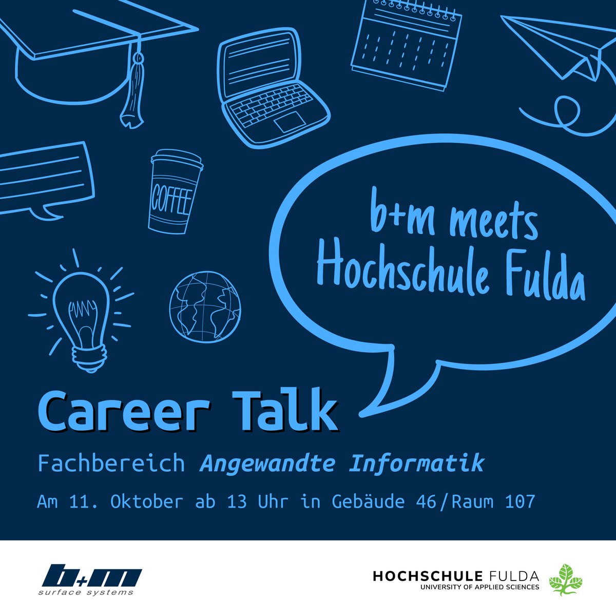 Career Talk 💬 in der <a href="/HSFulda/">HS Fulda</a> Fachbereich Angewandte Informatik  👩‍💻 In lockerer Runde geht's um das Thema Berufseinstieg. Mit dabei sind zwei b+m Experten aus den Bereichen Softwareentwicklung &amp; Digitalisierung sowie KI-Systeme. 👾 Wir freuen uns auf euch. Bis später. ☺