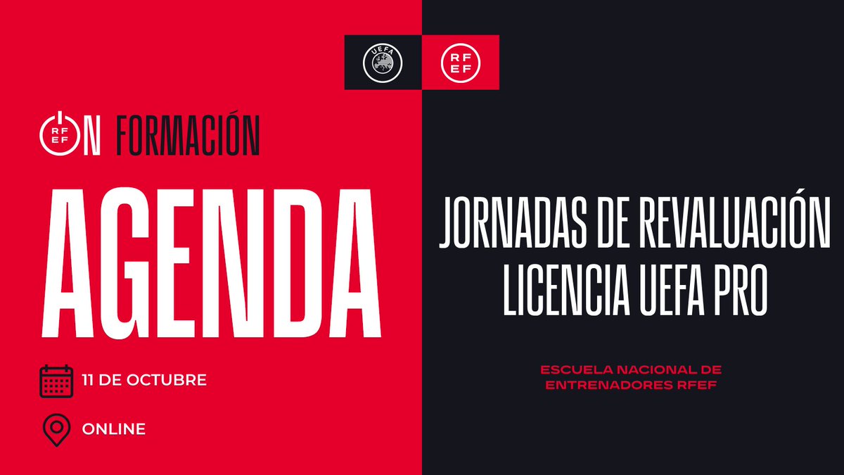 AcademiaRFEF's tweet photo. 👨🏻‍🎓👩🏻‍🎓 ⚽️ AGENDA | ‘𝗝𝗼𝗿𝗻𝗮𝗱𝗮𝘀 𝗱𝗲 𝗿𝗲𝘃𝗮𝗹𝘂𝗮𝗰𝗶𝗼́𝗻 𝗽𝗮𝗿𝗮 𝗹𝗮 𝗟𝗶𝗰𝗲𝗻𝗰𝗶𝗮 𝗨𝗘𝗙𝗔 𝗣𝗥𝗢’ de la @rfef

Ponentes 🔝

🗓 Hoy
⌚️ De 9 a 20:45 horas
🖥️ Online

#FormaciónRFEF I #EntrenadorRFEF https://t.co/LfZ6HtIWnK