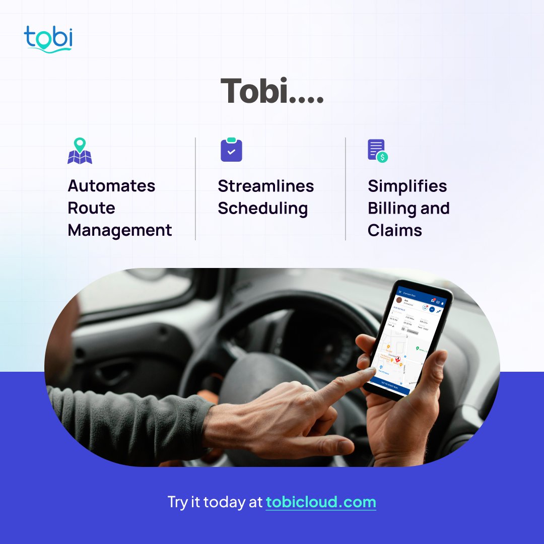 TobiSoftware's tweet image. Streamline your NEMT business with Tobi!
Optimize dispatching, routes, and customer satisfaction effortlessly. Signup now: signup.tobicloud.com/step1

#NEMT #FleetManagement #TobiSoftware #NEMTBusiness #NEMTIndustry #NEMTSoftware #Tobi