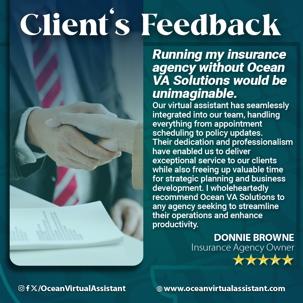 oceanvastaffing's tweet image. An insurance agency has seen major improvements with Ocean Virtual Assistant—managing tasks like scheduling and policy updates, allowing the team to focus on growth. #OceanVirtualAssistant #InsuranceSolution