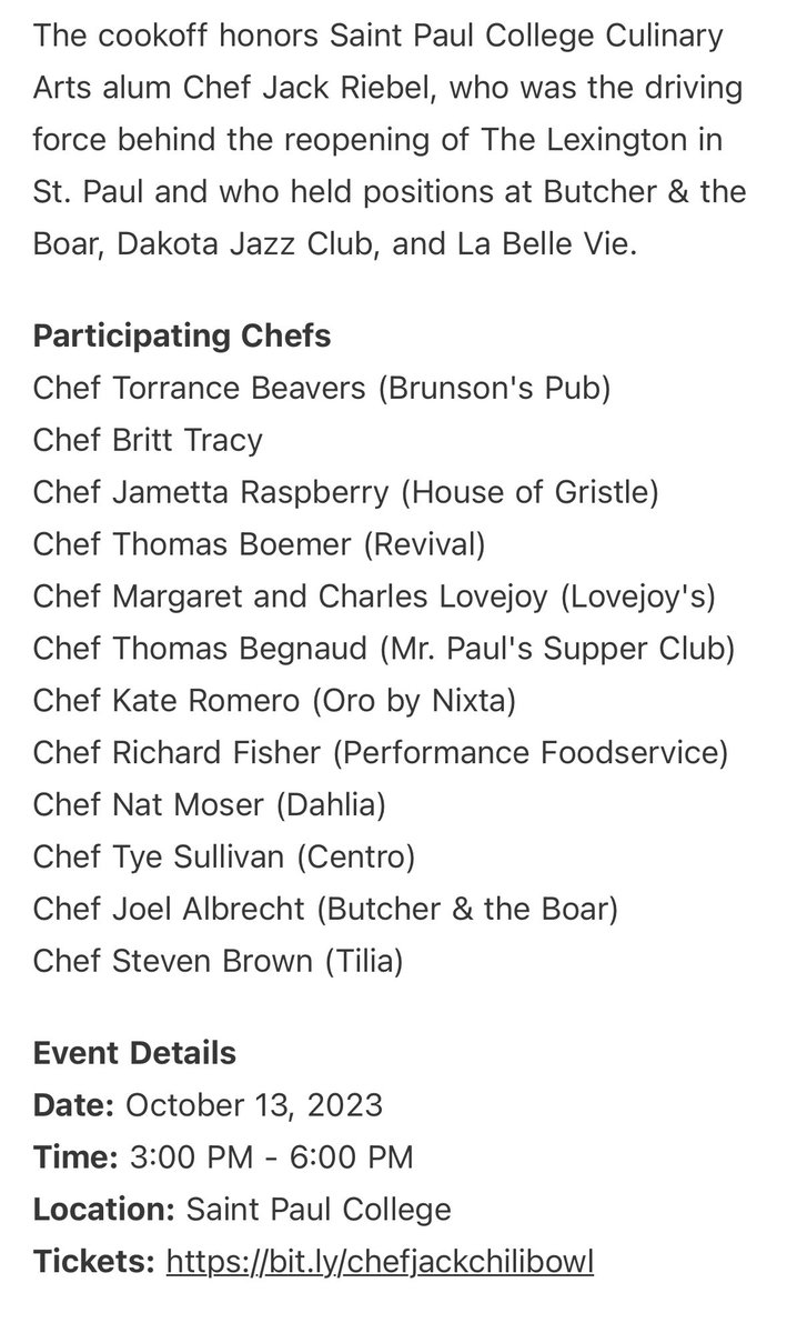 Jason DeRusha (@derushaj) on Twitter photo Thank you <a href="/heavytable/">Heavy Table</a> for highlighting the fundraiser for <a href="/StPaulCollege/">Saint Paul College</a> Sunday in honor of the late great Chef Jack Riebel! It’s a bye week for the #SKOL so 3-6p come eat some chili!! bit.ly/chefjackchilib… Thank you <a href="/heavytable/">Heavy Table</a> for highlighting the fundraiser for <a href="/StPaulCollege/">Saint Paul College</a> Sunday in honor of the late great Chef Jack Riebel! It’s a bye week for the #SKOL so 3-6p come eat some chili!! bit.ly/chefjackchilib…