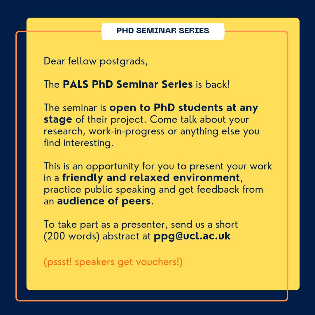 UCL PaLS PPG (@palsppg) on Twitter photo Hay PALS Postgrads! The PhD Seminar Series is back!! Come share your work with us 😉
<a href="/UCLPALS/">UCL Psych & Lang Sci</a> <a href="/UCLLangCog/">UCL Language & Cognition</a> <a href="/LinguisticsUCL/">UCL Linguistics</a> <a href="/SHaPS_UCL/">SHaPS</a> <a href="/UCL_ICN/">UCL ICN</a> <a href="/EP_UCL/">UCL Experimental Psychology</a> <a href="/uclic/">UCLIC</a> Hay PALS Postgrads! The PhD Seminar Series is back!! Come share your work with us 😉
<a href="/UCLPALS/">UCL Psych & Lang Sci</a> <a href="/UCLLangCog/">UCL Language & Cognition</a> <a href="/LinguisticsUCL/">UCL Linguistics</a> <a href="/SHaPS_UCL/">SHaPS</a> <a href="/UCL_ICN/">UCL ICN</a> <a href="/EP_UCL/">UCL Experimental Psychology</a> <a href="/uclic/">UCLIC</a>