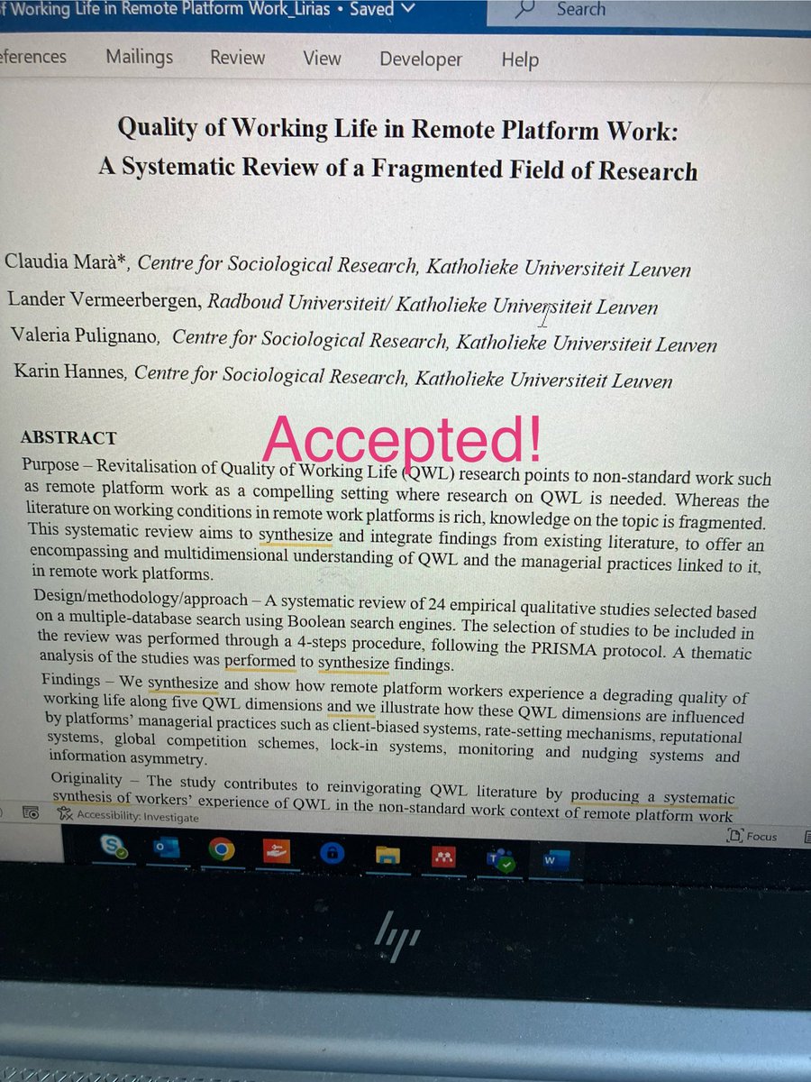 The taste of a #paper accepted on a Friday…Priceless 😎

Overjoyed to see this collective work accepted on Employee Relations and hopefully out soon for your perusal and feedback!

#platformwork #qualityofworkinglife #systematicreview #respectme