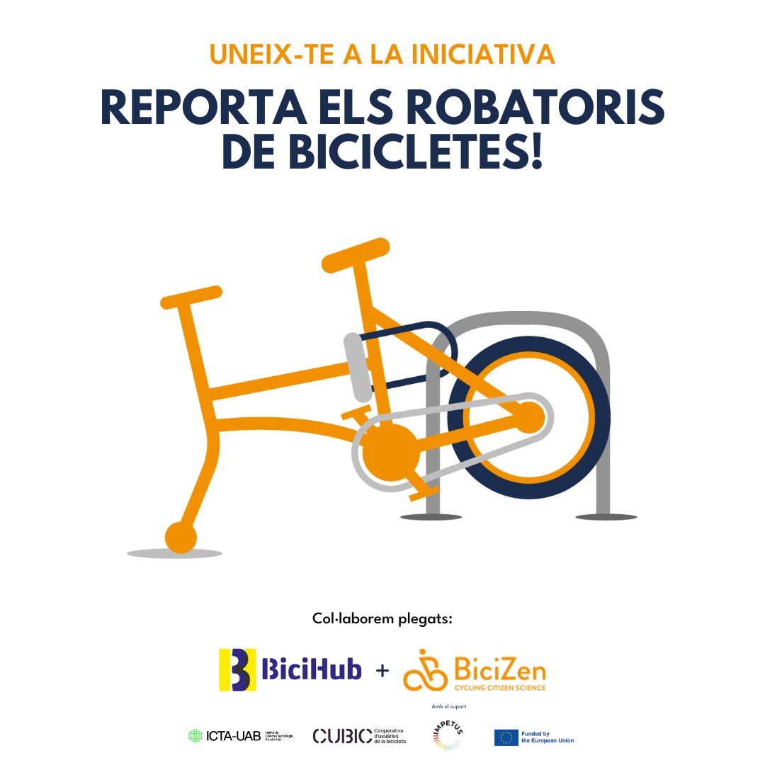 T’han robat la bici? A BiciHub ens sumem a aquesta iniciativa! 
🚲 A Barcelona, junts podem aturar el robatori de bicicletes! Participa en el projecte de ciència ciutadana de #BiciZen de l’ICTA-UAB i IMPETUS. Reporta el robatori a bicirobada.online! 💪