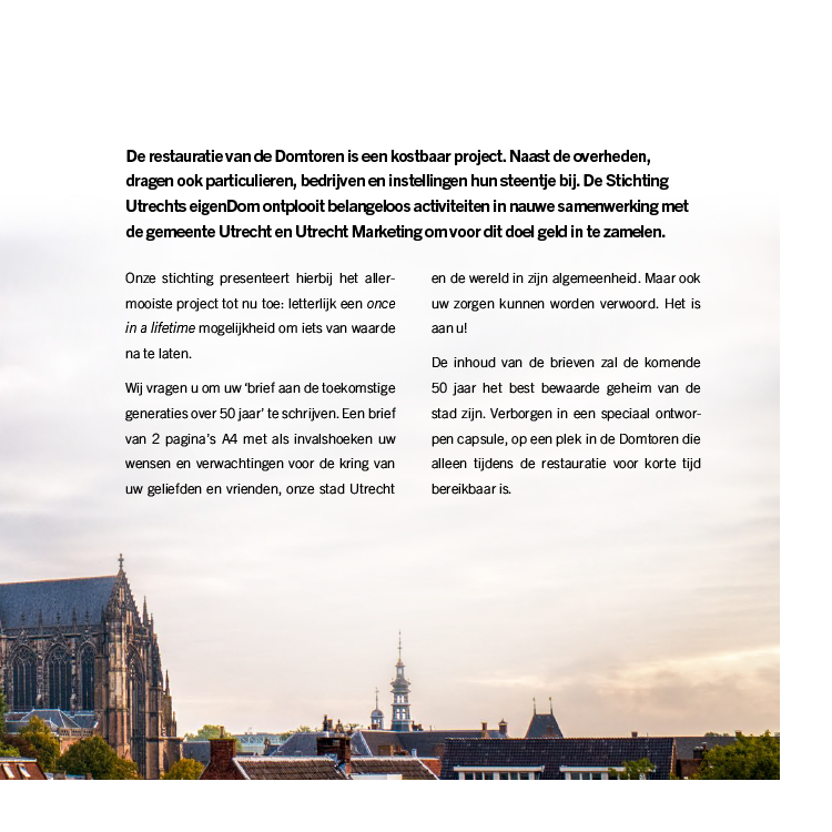 Laatste kans! ⏰ De Schat van Utrecht wordt nu echt bijna begraven. Wil je nog een brief schrijven aan de toekomst en een steentje bijdragen aan de aanlichting van de #Dom?

Meer info over deze actie en de voorwaarden zijn te vinden op onze website: onzeeigendom.nl.