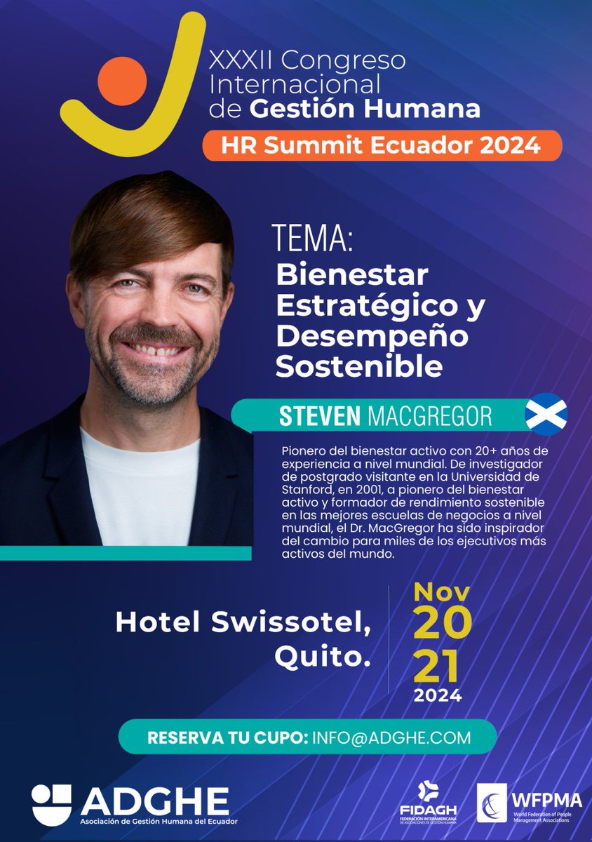 Con más de 20 años de experiencia Steven MacGregor, pionero del bienestar activo, nos trae una conferencia imperdible en el HR Summit Ecuador 2024 “Bienestar Estratégico y Desempeño Sostenible”🌟
Regístrate 👇🏻
adghe.com/index.php/insc…
#HRSummitEcuador
#CongresoAdghe2024