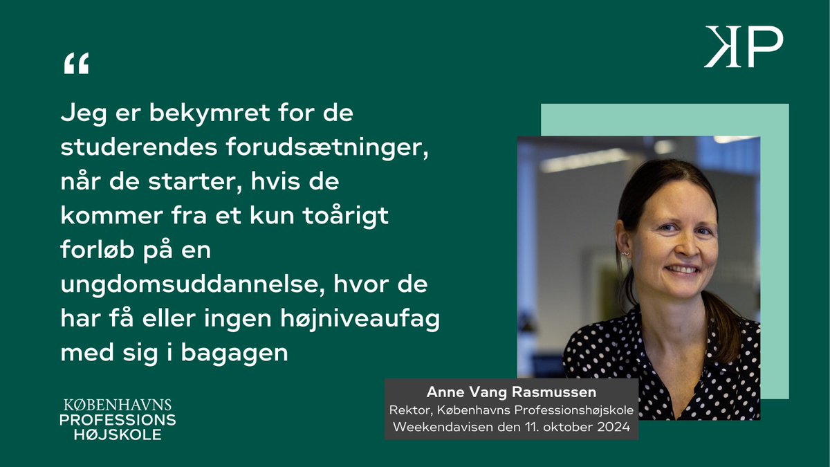 Københavns Professionshøjskole (@kbhprof) on Twitter photo Det bør kræve en 3-årig EPX at søge ind på alle professionsuddannelser, fortæller KP-rektor <a href="/anne_vang_/">Anne Vang Rasmussen</a> i <a href="/weekendavisen/">Weekendavisen</a>. Som pædagog kræver det fx betydelige sproglige færdigheder at arbejde med børns sprogudvikling. Det rimer ikke på en kort EPX #uddpol weekendavisen.dk/samfund/de-kna… Det bør kræve en 3-årig EPX at søge ind på alle professionsuddannelser, fortæller KP-rektor <a href="/anne_vang_/">Anne Vang Rasmussen</a> i <a href="/weekendavisen/">Weekendavisen</a>. Som pædagog kræver det fx betydelige sproglige færdigheder at arbejde med børns sprogudvikling. Det rimer ikke på en kort EPX #uddpol weekendavisen.dk/samfund/de-kna…