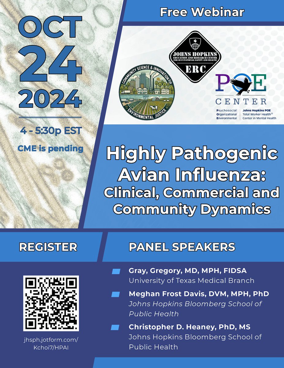 JHU ERC (@jhuerc) on Twitter photo Highly Pathogenic Avian Influenza (HPAI) Seminar Panel, 10/24, 4-5:30PM EST. <a href="/JHPOEcenter/">Johns Hopkins P.O.E. Center in Mental Health</a> Register here: publichealth.jhu.edu/johns-hopkins-… Highly Pathogenic Avian Influenza (HPAI) Seminar Panel, 10/24, 4-5:30PM EST. <a href="/JHPOEcenter/">Johns Hopkins P.O.E. Center in Mental Health</a> Register here: publichealth.jhu.edu/johns-hopkins-…