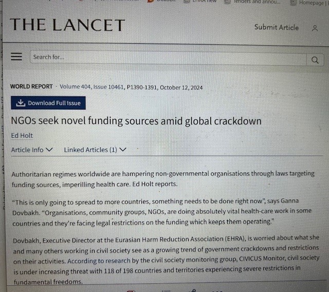 The Lancet: NGOs seek novel funding sources amid global crackdown. "Authoritarian regimes worldwide are hampering non-governmental organisations through laws targeting funding sources."
<a href="/AnnaDovbakh/">Dovbakh Anna</a> <a href="/RobertCarrFund/">Robert Carr Fund</a> <a href="/DalanFund/">Dalan Fund</a>