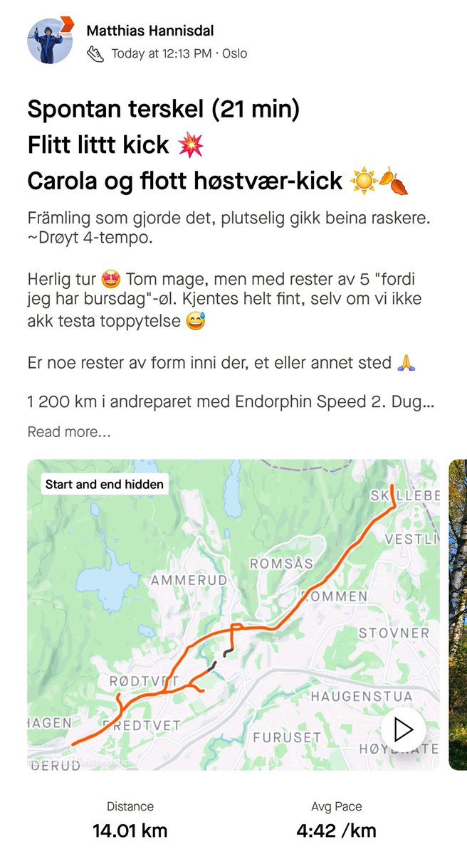 Et_smartere_liv's tweet image. Og der var det løpt, gett. Flotte saker 🍂🤩

14k og med 20 min på ~15 km/t, kroppen huser tydeligvis litt av gamle kunster. Lovende 🙏

#Løping er deilig. Anbefales.

Samme med ekstra fridag. Så verdt det.

Fuck #forbruk, leve #fritid

#fintwit