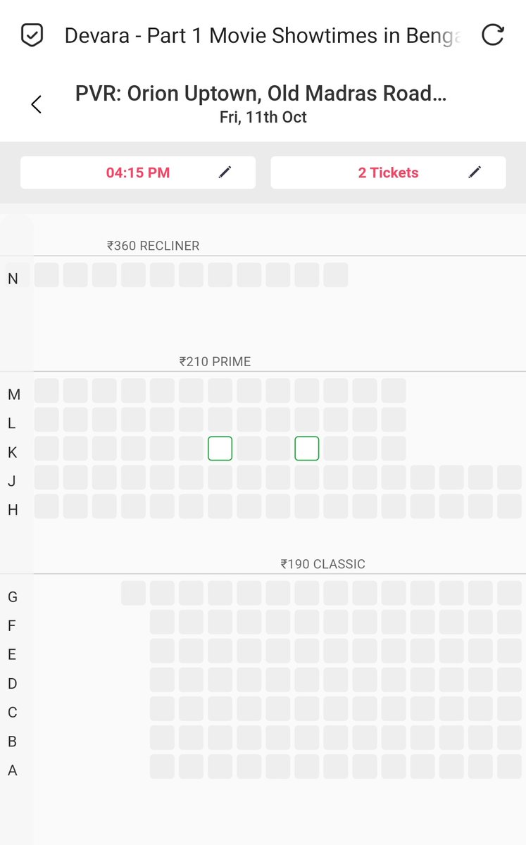 Krish86303636's tweet photo. Day 15
Bangalore
PVR Orion 4.15 PM ( only 2 tickets Left) House Full ๐ฅ๐ฅ
#DEVARA #BlockbusterDevara
#Devarastrom https://t.co/uHt66hcZ34