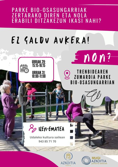 mugimenteuskadi's tweet photo. 🔴(eu) Parke bio-osasungarriak erabiltzeko tailerra #MugiAzkoitia-ren eskutik.
🔵(es) Taller de manejo de los aparatos del parque bio-saludable en @Azkoitikoudala.
#PertsonaAktiboak #EreduOnakAdinekoak https://t.co/ivOALUTe8A