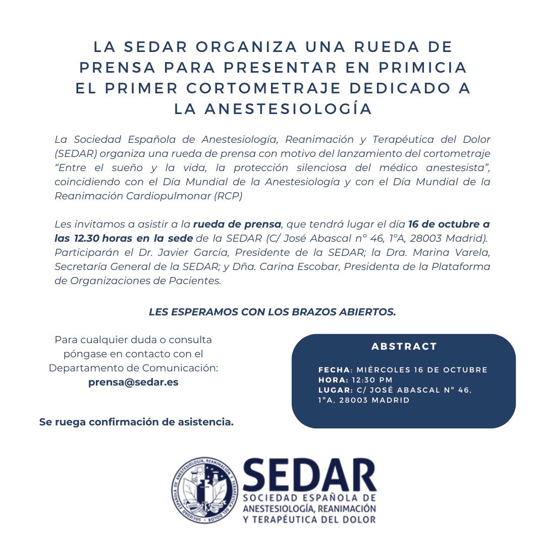 📢 Atención periodistas y medios de comunicación

Os invitamos a la rueda de prensa del #DíaDeLaAnestesiología con la participación de la Pdta. de la Plataforma de Pacientes. Un evento para resaltar el valor de nuestra especialidad para la seguridad de los pacientes.