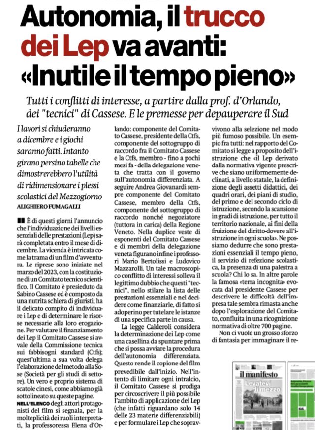 profgviesti's tweet image. Bravissimo Fumagalli su @ilmanifesto 

Illustra molto bene la logica della Commissione Cassese nella definizione dei LEP e il ruolo di alcuni dei suoi esponenti 

Spiega in che modo anche attraverso i LEP si può ottenere la #secessionedeiricchi