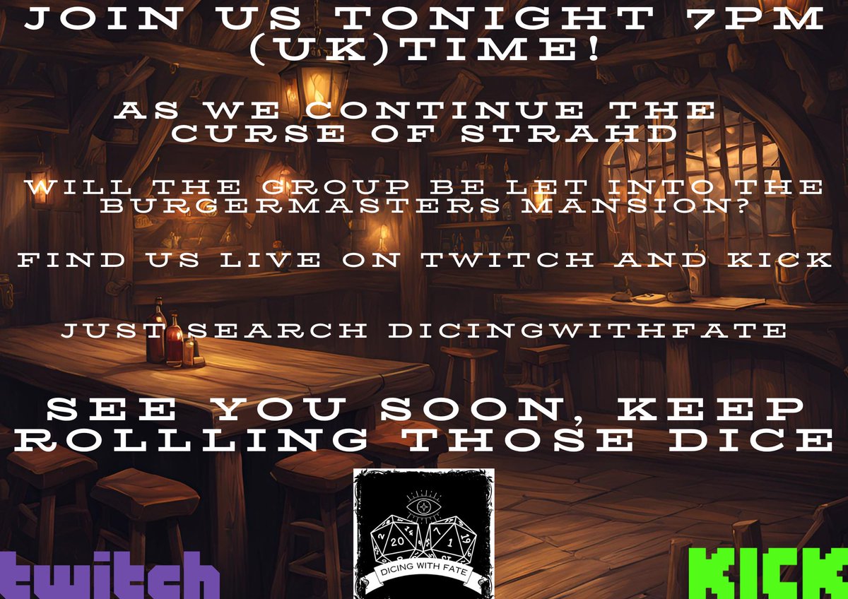 It's Friday! That can only mean one thing. We are live tonight!

Come continue to check out the story with us, see if the group will survive this cursed realm of Bavoriva.

#DnD #dnd5e #dicingwithfate #TwitchStreamers #KickStreamers #TheCurseOfStrahd