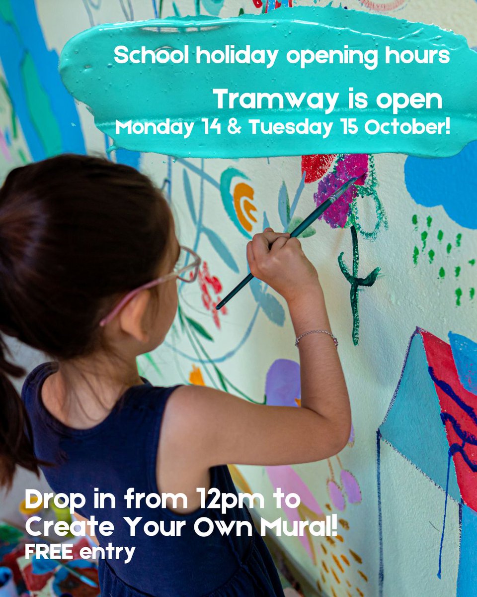 Tramway will be open Monday 14 and Tuesday 15 Oct next week (as well as our usual Wed - Fri) especially so that families can enjoy our Create Your Own Mural space during the school holidays!🖌️
Drop in free from 12pm to 5pm every day! 
tramway.org/event/2344290b…

@annettestreetps