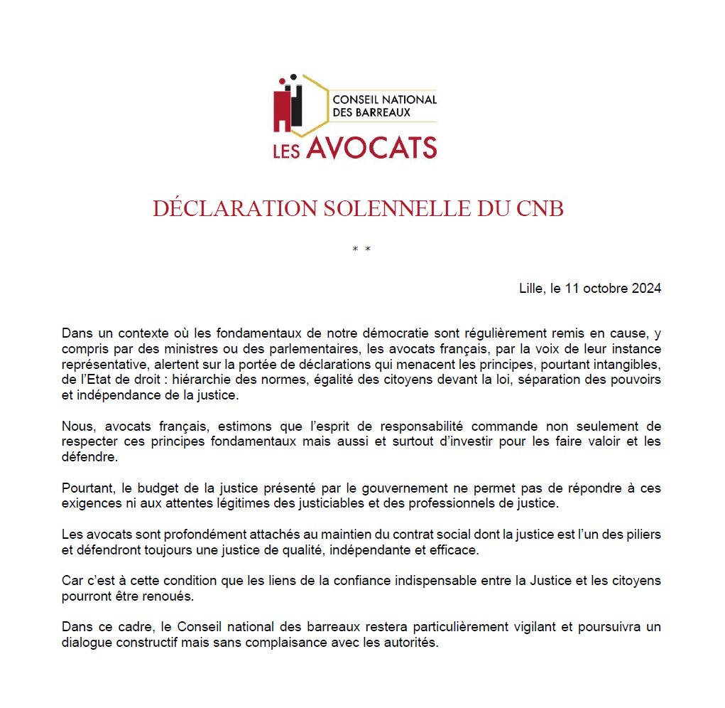 Dans un contexte où les fondamentaux de notre démocratie sont régulièrement remis cause, découvrez la déclaration solennelle du Conseil national des barreaux proclamée lors de l’#AGCNB à Lille👇
