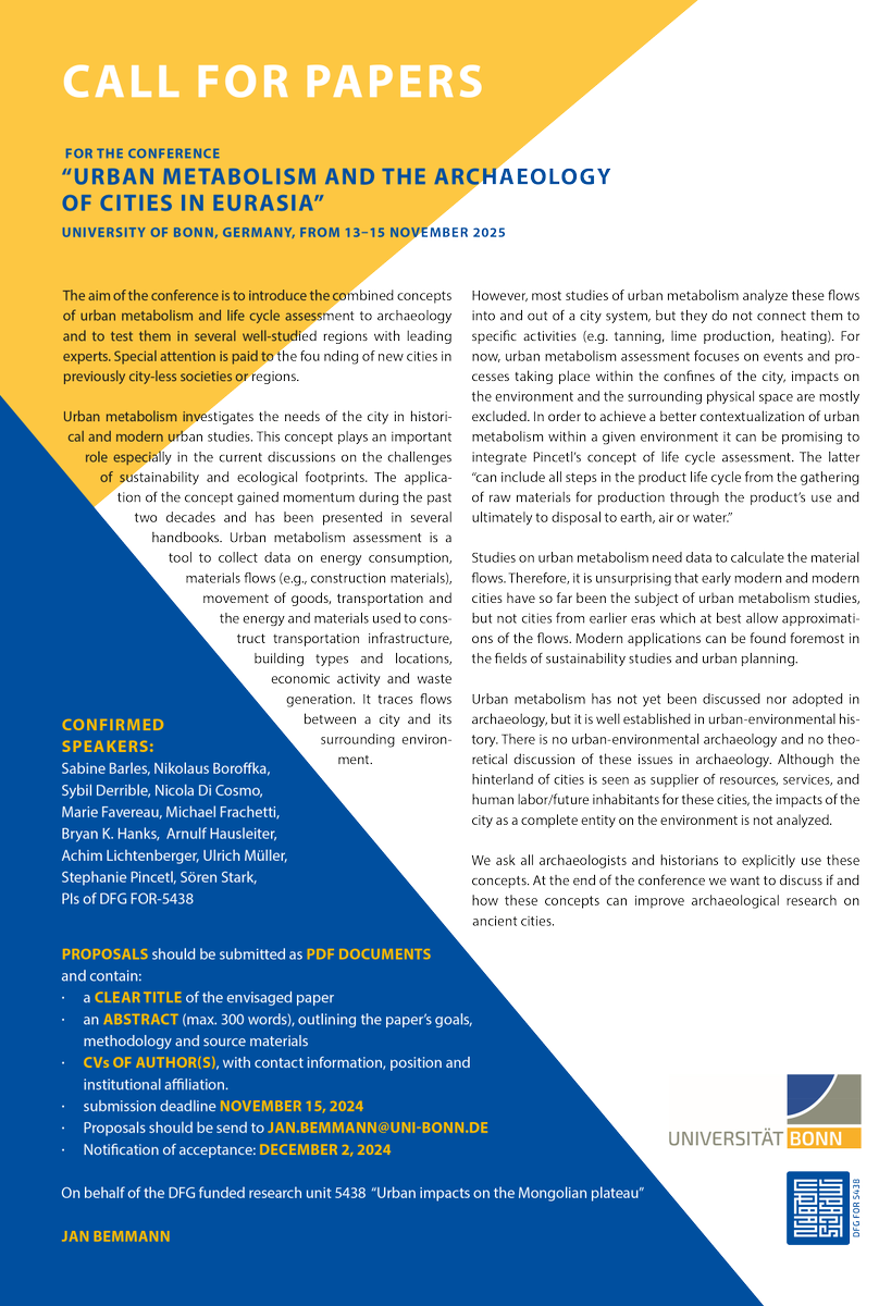 *Upcoming conference and call for papers* please see below for more details about the University of Bonn conference entitled URBAN METABOLISM AND THE ARCHAEOLOGY OF CITIES IN EURASIA