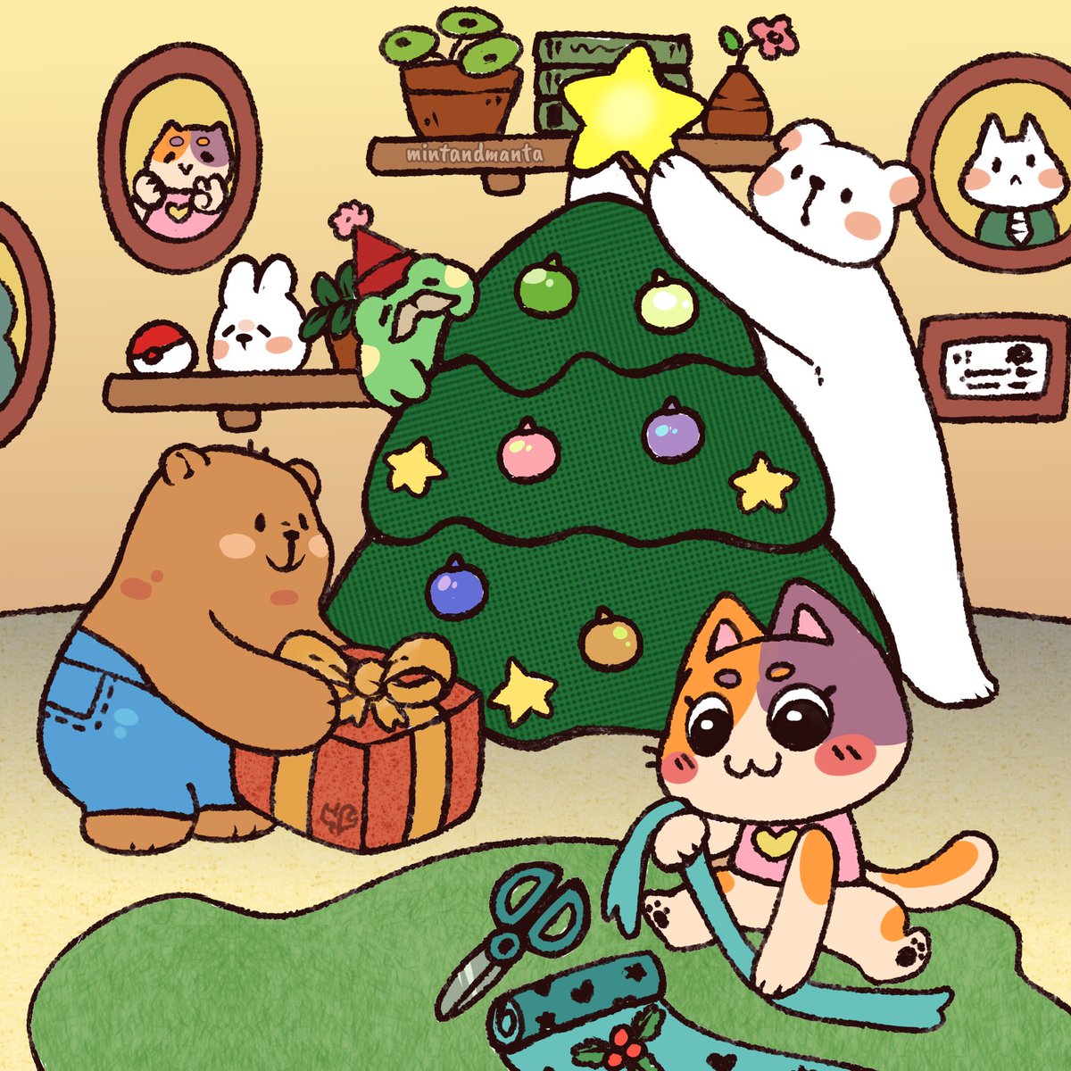 MintAndManta's tweet photo. Prepping for Christmas! 
Is it too early for Christmas? Heheh
Callie and company are very excited they wanted to setup the Christmas tree and wrap some gifts! 🎄🎁💝 https://t.co/CQWlEBzAlo