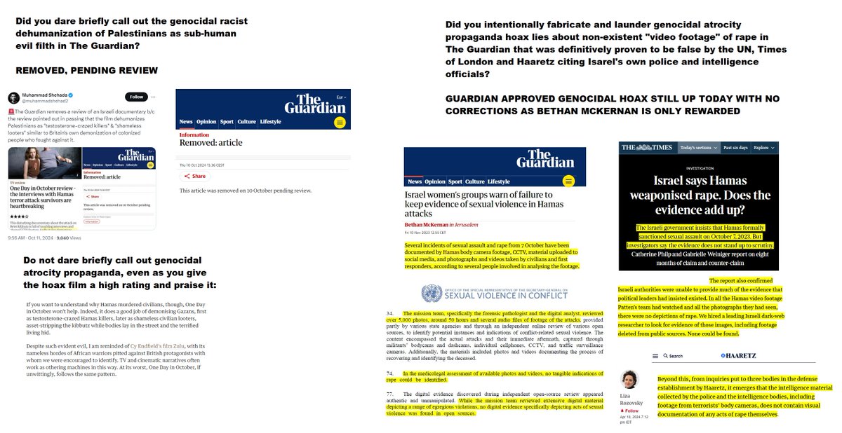 zei_squirrel's tweet image. This is amazing. The Guardian just removed a review of genocidal Zionist atrocity propaganda for briefly noting that it dehumanizes Palestinians as evil sub-human filth. Meanwhile they still have up articles by Bethan McKernan lying about non-existent "video footage of rapes"