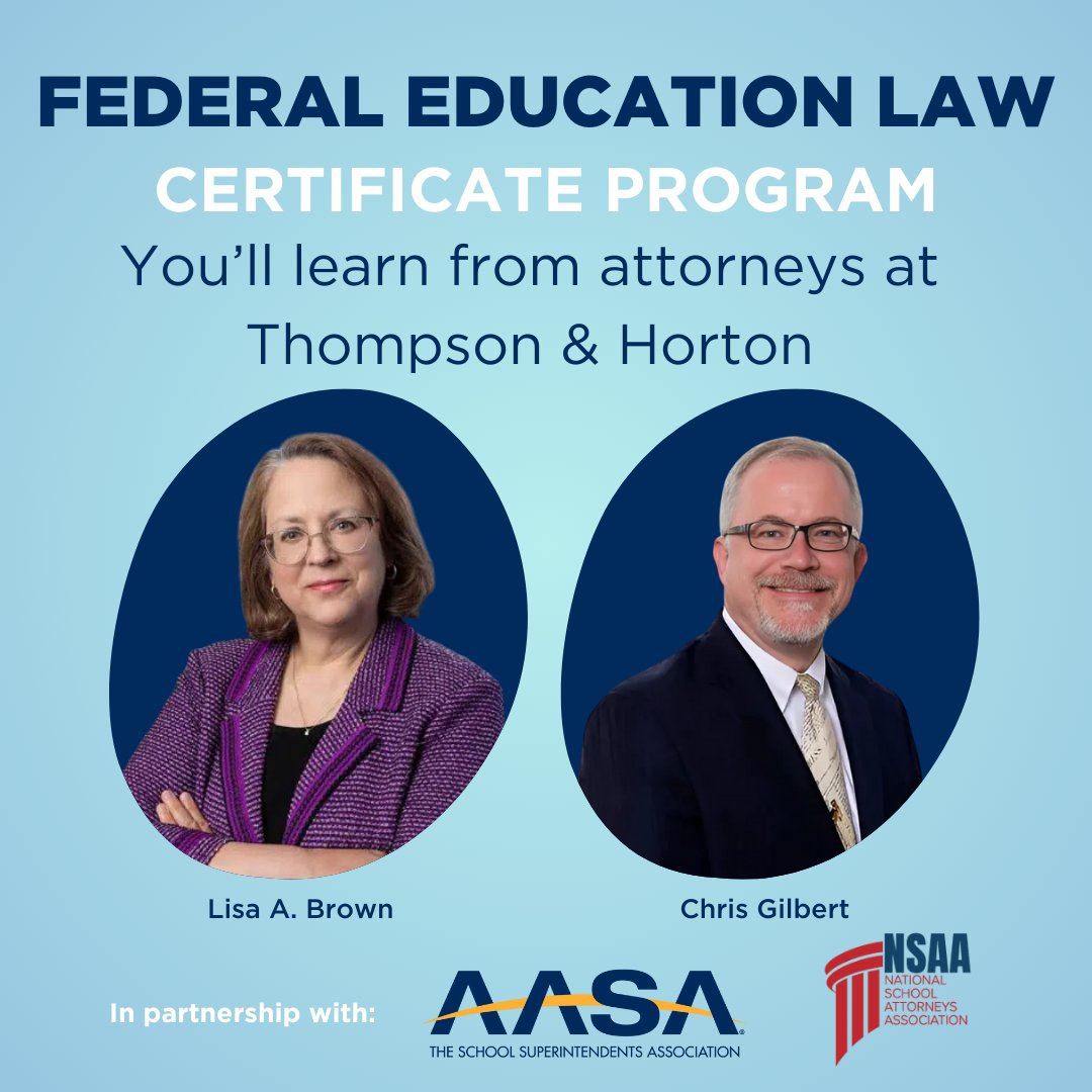AASAHQ's tweet photo. Join the Federal Education Law Certificate Program, where you’ll have the opportunity to learn directly from expert attorneys at @THSchoolLaw! ⚖️

The program is designed to equip school leaders with essential knowledge to navigate complex regulations, protect your district, and make informed decisions. Don’t miss out—enhance your leadership skills today!

🔗 Register now: https://t.co/anMRan8guY 

#EducationLaw #LeadershipDevelopment @AttorneysSchool @AASAdvocacy