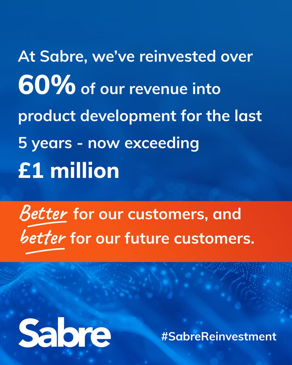 sabremssoftware's tweet image. At Sabre, we’ve reinvested over 60% of our revenue into product development for the last 5 years—now exceeding £1 million. Better for our customers, and better for our future customers

#ProductDevelopment #CustomerFocused #SabreDifference #SabreReinvestment