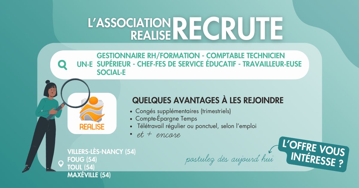 Staffsocial's tweet photo. L’association Réalise recherche plusieurs profils pour des postes situés dans le 54 ! 📣
L’association gère l’action de structures sociales et médico-sociales en direction d’enfants, d’adolescents et d’adultes en difficulté, en souffrance ou en danger.❤️‍🩹
#Recrutement https://t.co/qyzyTZ1c4I