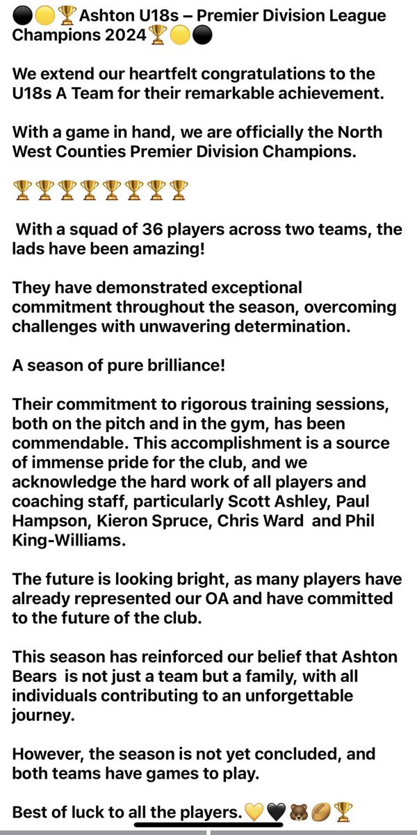 AshtonBears's tweet image. 💛🖤🏆Ashton Bears 18s - North West Counties Premier Division Champions🏆💛🖤