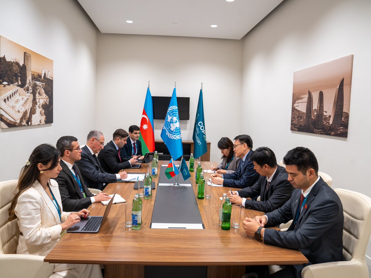 COP29_AZ's tweet image. The COP29 Presidency team met with Zhao Yingmin, Vice Minister of China's Ministry of Ecology and Environment, during Pre-COP today in Baku to discuss the key negotiating priorities for COP29.

#COP29 #COP29Azerbaijan #PreCOP #PreCOP29 #EnhanceAmbition #EnableAction