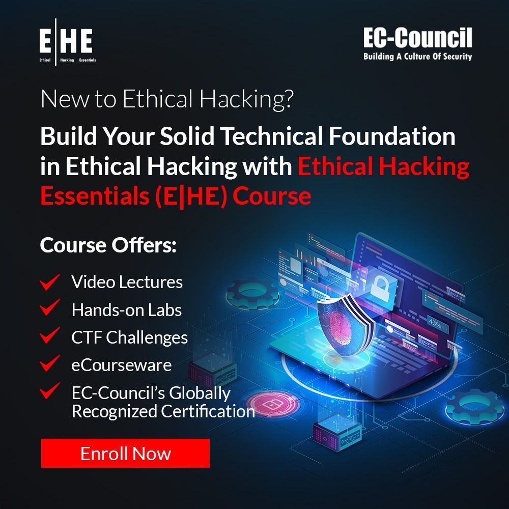 ECCOUNCIL's tweet image. Learn how to think like a #Hacker &amp;amp; build #Defensive Strategies with EC-Council&apos;s #EthicalHackingEssentials. Gain the fundamental concepts of #EthicalHacking and #Cybersecurity with a focus on #HandsOn learning. 

Register now: buff.ly/4h33Nbr 

#ECCouncil…