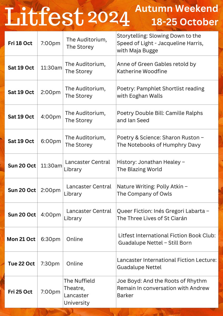 Lancaster Litfest (@litfest) on Twitter photo 1 WEEK TO GO until our Autumn weekend! Have you booked your tickets?
Attend in-person £5, watch online £3 (prices differ for Joe Boyd's event).
Book now: geni.us/LF24A
Ft <a href="/Storywheel/">Jacqueline Harris</a>, <a href="/followtheyellow/">Katherine Woodfine (updates)</a>, <a href="/pollyrowena/">Polly Atkin</a>, <a href="/CamilleRalphs_/">Camille Ralphs</a> <a href="/Shadow2train/">Ian Seed</a> <a href="/InesGLabarta/">Inés G. Labarta</a> & more! 1 WEEK TO GO until our Autumn weekend! Have you booked your tickets?
Attend in-person £5, watch online £3 (prices differ for Joe Boyd's event).
Book now: geni.us/LF24A
Ft <a href="/Storywheel/">Jacqueline Harris</a>, <a href="/followtheyellow/">Katherine Woodfine (updates)</a>, <a href="/pollyrowena/">Polly Atkin</a>, <a href="/CamilleRalphs_/">Camille Ralphs</a> <a href="/Shadow2train/">Ian Seed</a> <a href="/InesGLabarta/">Inés G. Labarta</a> & more!