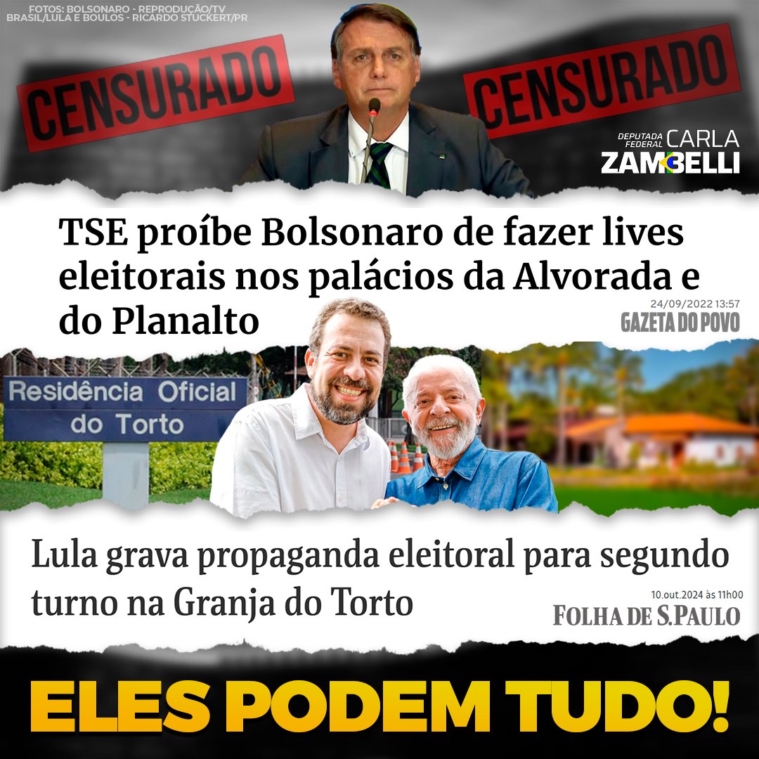 Já imaginaram se fosse Bolsonaro? Até agora, nem um pio da grande mídia, nem uma manifestação de “juristas”, nem uma decisão judicial... O duplo padrão é descarado! Que Democracia é essa em que prevalece de forma gritante os dois pesos e duas medidas?
Inscreva-se no meu canal no