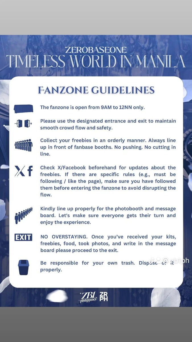 ZB1PH's tweet image. #2024_ZEROBASEONE_THEFIRSTTOUR_TIMELESSWORLD_IN_MANILA 

Attention, ZEROSES! To ensure a smooth and enjoyable experience at the fanzone, please take a moment to carefully review the guidelines listed below. Following these rules will help us maintain a safe, organized, and fun…