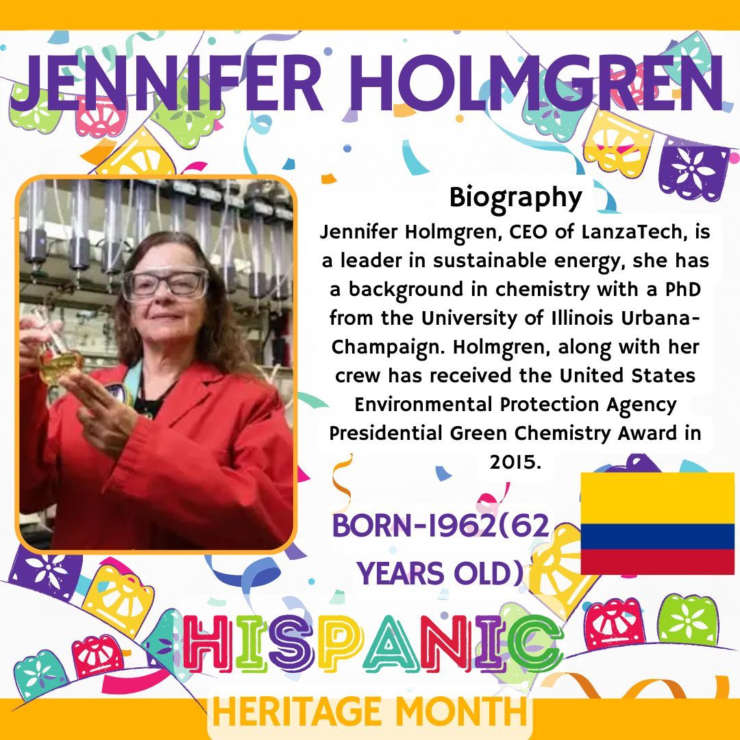 In Chemistry as part of our Hispanic Heritage Month observance, we take a moment to honor the accomplishments of Hispanic STEM professionals. Today, we shine a light on Jennifer Holmgren. Follow along to expand your knowledge! #HispanicHeritageMonth #InspiringMinds
<a href="/bburghsbruins/">Blacksburg High</a>