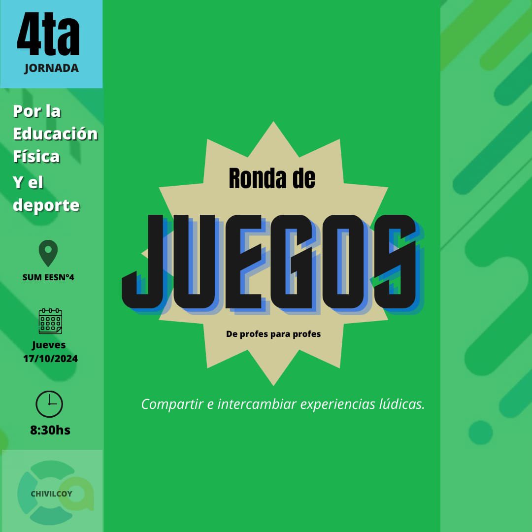 CAdeChivilcoy's tweet photo. 4º JORNADA POR LA EDUCACIÓN FÍSICA Y EL DEPORTE

📆 17 de octubre 
🕢 Desde 8 horas
📍SUM de EES Nº 4 - Avda. de Tomaso 26

Si sos profe o estudiante de Educación Física, te esperamos! https://t.co/10HOXTYcKK