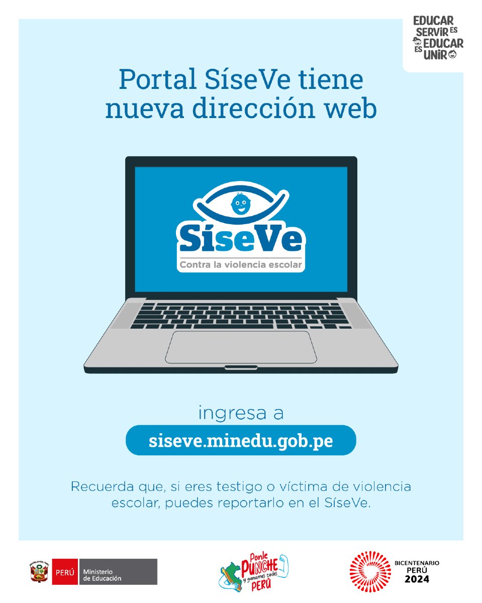 MineduPeru's tweet image. ¡SíseVe cambia de dirección web! A partir de ahora, accede al portal SíseVe 🖥️ colocando el siguiente enlace en tu buscador: siseve.minedu.gob.pe/web/

#BAPE #EscuelasLibresDeViolencia #FamiliasOrganizadas #SeguridadEscolar