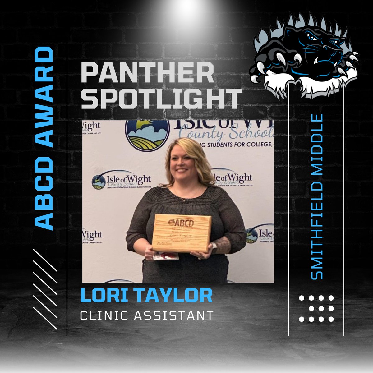 Congratulations to our very own Mrs. Taylor, clinic assistant. She won the first ABCD award of the year for the division! Congratulations.