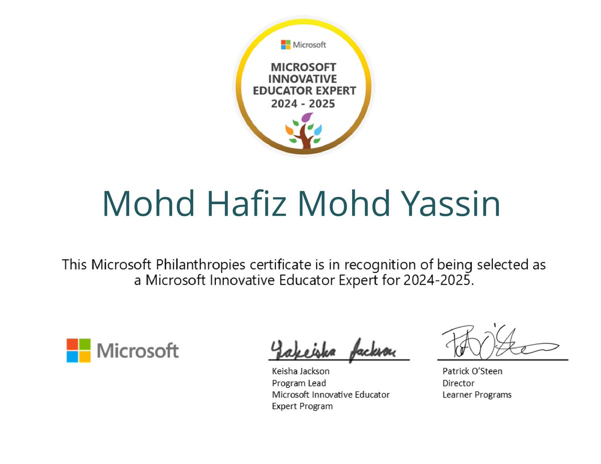 Congratulations on becoming a Microsoft Innovative Educator (MIE) Expert! Your dedication to transforming education through innovative practices and technology integration is truly inspiring. #MIEExpert #EducatorsInTech 
#AIinEducation 🇲🇾