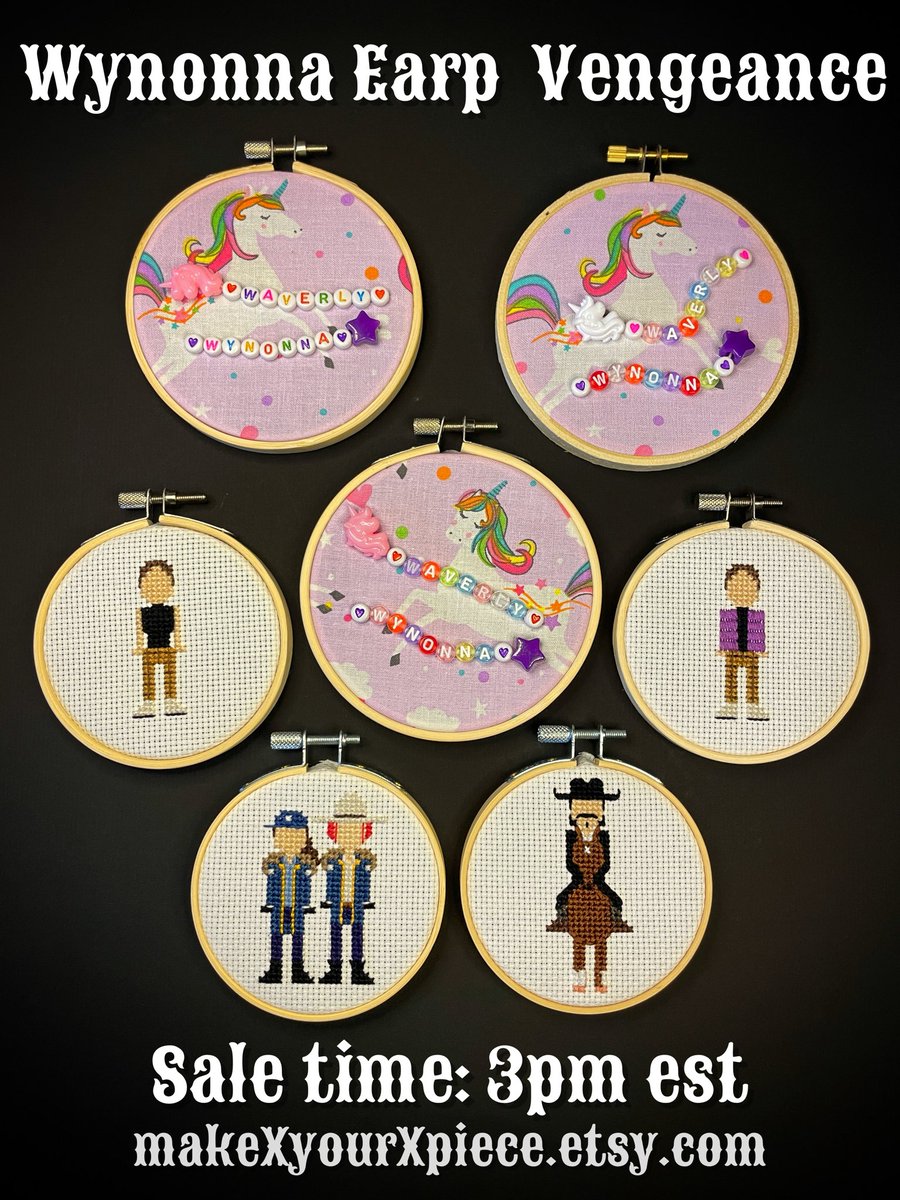 Back in action, Earpers! Lots of fun stuff. Bracelet stitches, Waverly’s, Wynaught cops, DOC GETS HORSE! 🐎🤠

So much #Vengeance to be had 💕

Sale time 3pm eastern
#WynonnaEarp
makeXyourXpiece.etsy.com