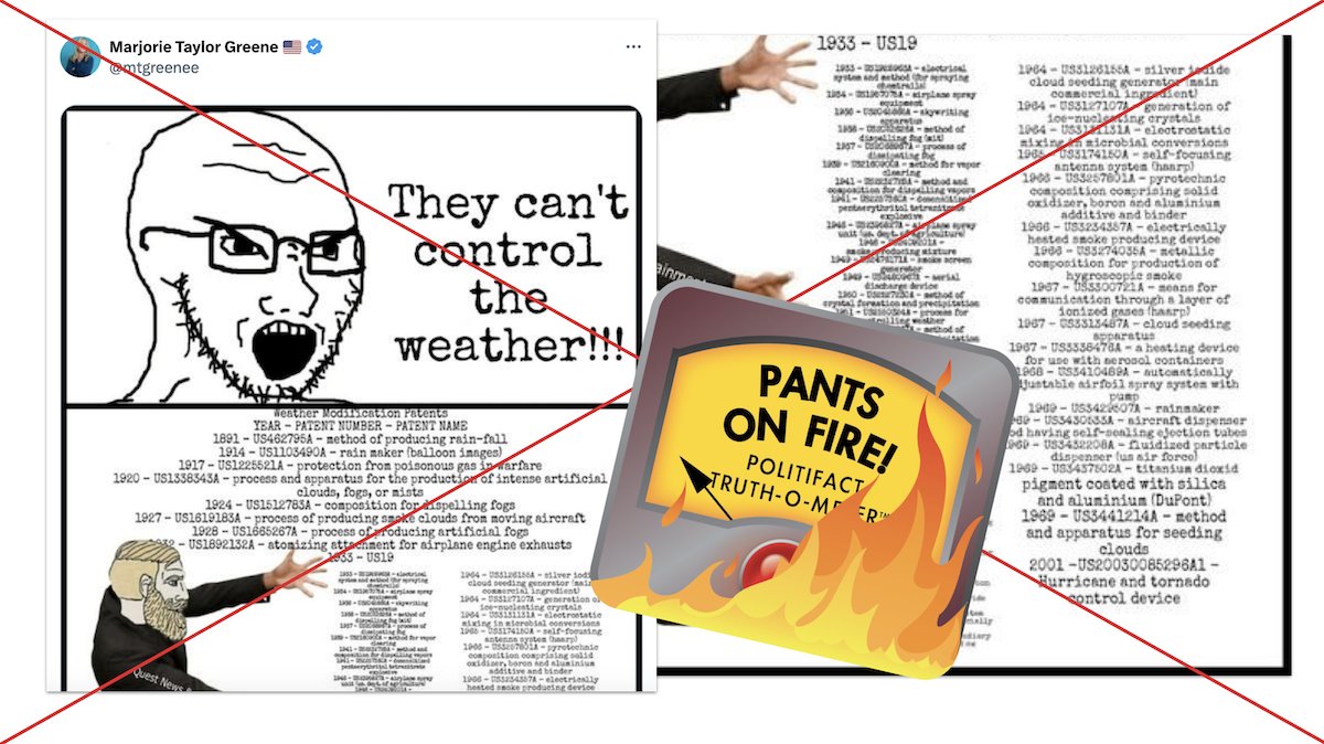 Meteorologists and atmospheric science experts told PolitiFact that they knew of no technology that allows anyone to control the weather or create a hurricane, and they denied that the meme’s patents proved weather control is possible. politifact.com/factchecks/202…