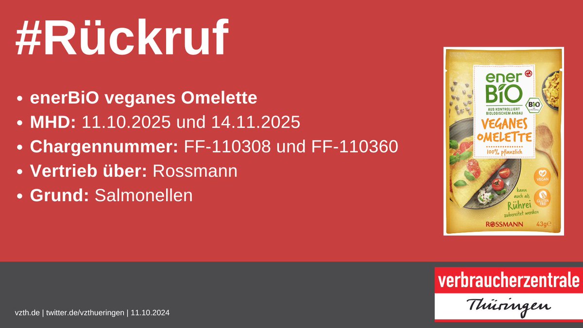 ‼️#Rückruf: enerBiO veganes Omelette, MHD: 11.10.25 und 14.11.25, Vertrieb über #Rossmann, Grund: Salmonellen, alle Infos 👉lebensmittelwarnung.de/___lebensmitte…