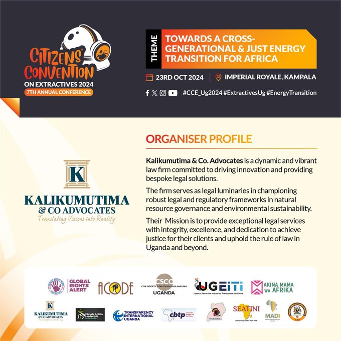 ⏰11 days to the 7th Annual Citizens Convention on Extractives (CCE) 2024! Register now for CCE 2024 to hear from industry experts on sustainable energy solutions.
Theme : Towards a Cross-Generational &amp; Just #EnergyTransition for Africa.
 #CCE_ug2024 #ExtractivesUG