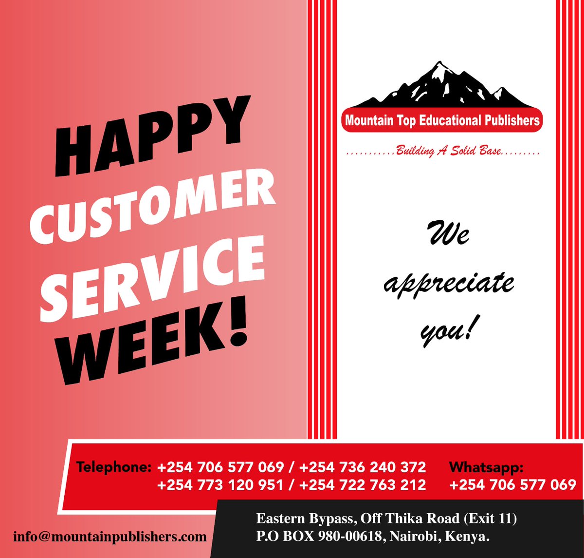 Behind every successful brand are great people who believe andsupport its work fully, and here at Mountain Top Educational Publishers we recognize the fact that you our customers are an integral part of us that cannot be ignored. Thank you for choosing us.

#Happy Customer