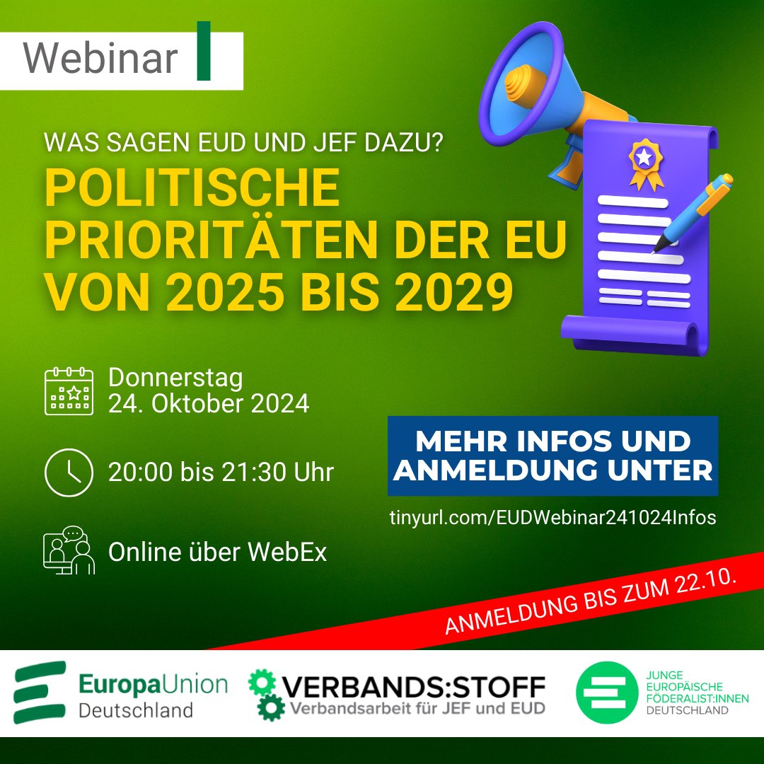 Ihr möchtet mehr darüber erfahren, welche politischen Themen in den nächsten Jahren auf der Agenda der EU stehen und was EUD und <a href="/JEF_de/">@jef-deutschland.bsky.social</a> dazu sagen? Dann hier entlang 👉 tinyurl.com/EUDWebinar2410…
📅 Donnerstag, 24. Oktober 2024
🕗 20:00 bis 21:30 Uhr
💻 Online über WebEx